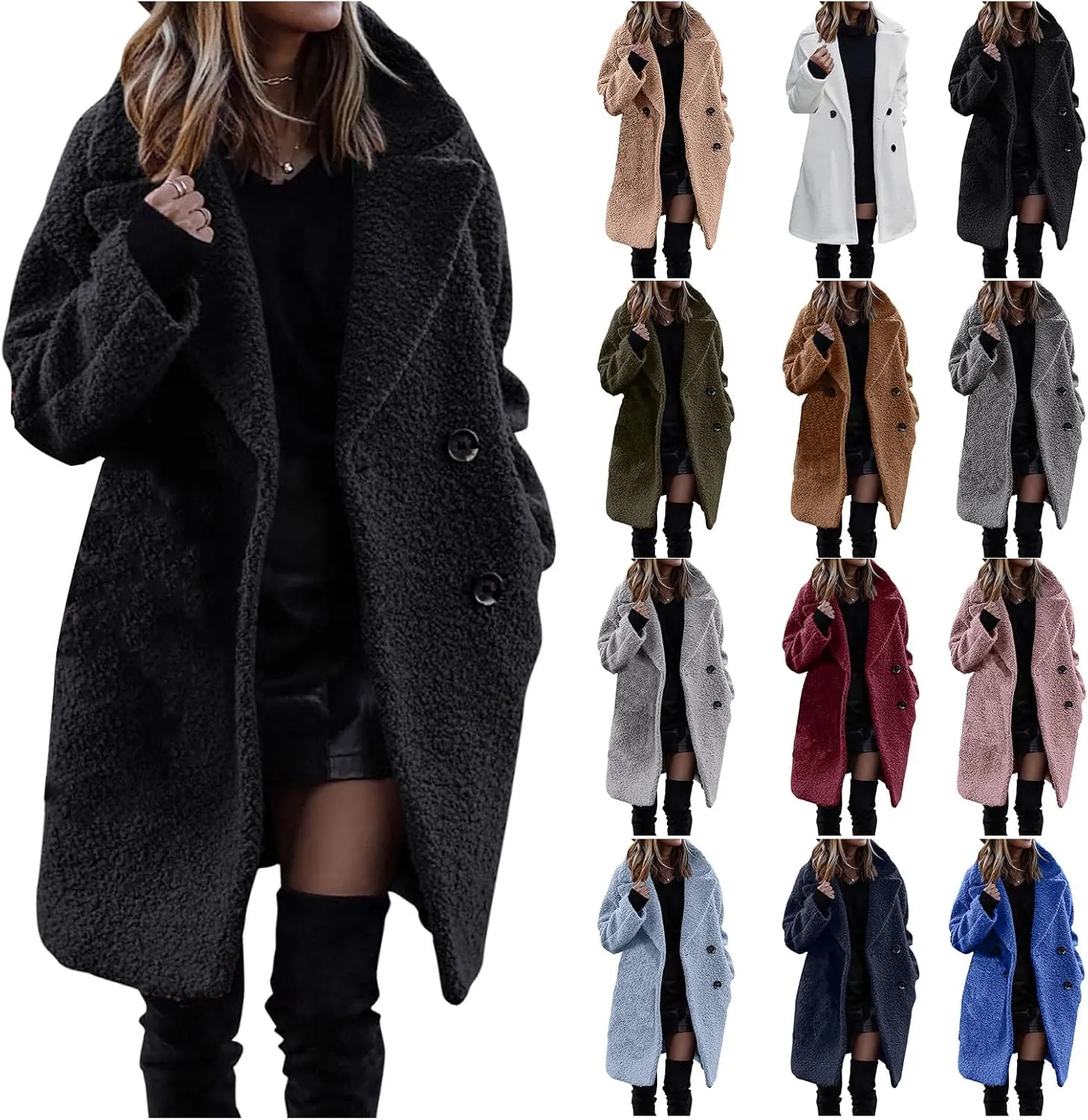 2023 Fuzzy Fleece Winter Coat for Women Lapel Long Sleeve Button Down Outwear Warm Faux Fur Overcoat Sherpa Jackets