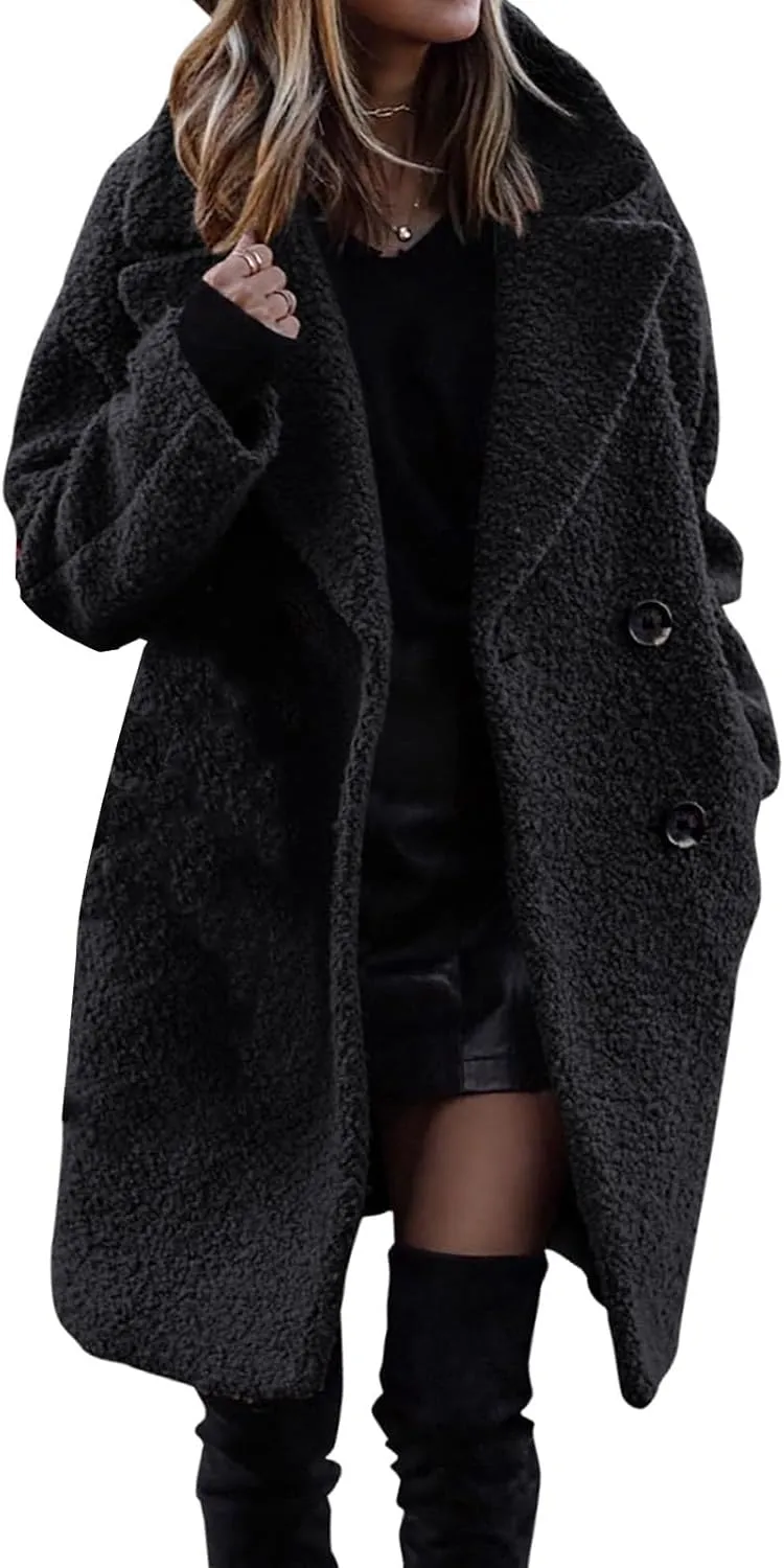 2023 Fuzzy Fleece Winter Coat for Women Lapel Long Sleeve Button Down Outwear Warm Faux Fur Overcoat Sherpa Jackets