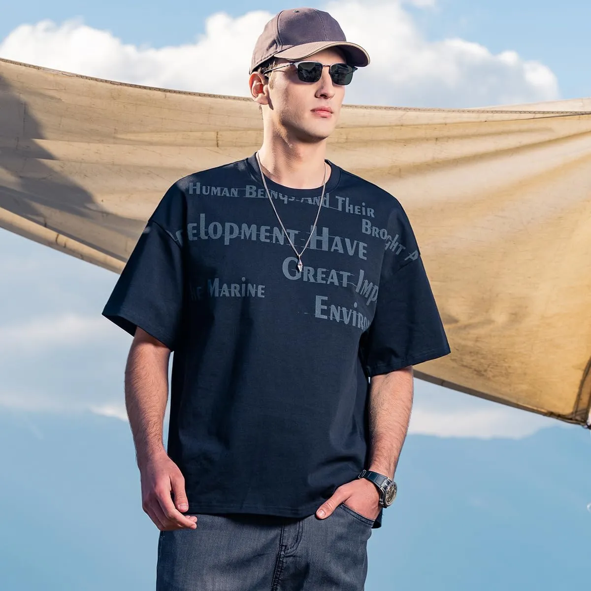 270G Heavyweight Seamless Water Pulp Printed Short-Sleeved T-Shirt Men's Trendy Letter Loose Drop Pure Cotton T-Shirt