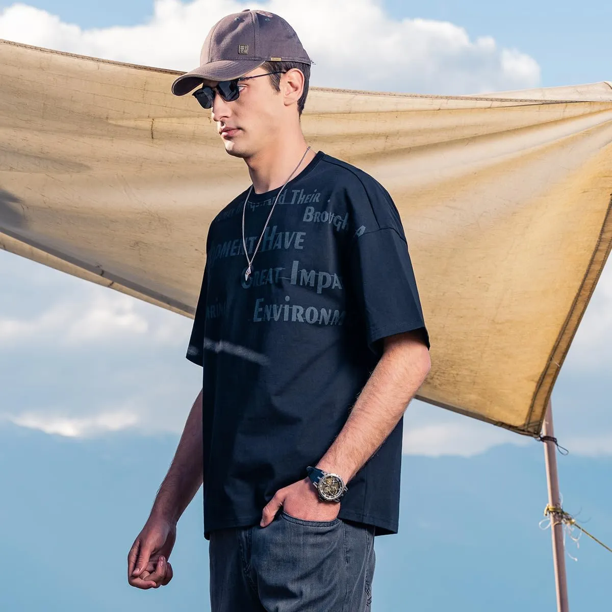 270G Heavyweight Seamless Water Pulp Printed Short-Sleeved T-Shirt Men's Trendy Letter Loose Drop Pure Cotton T-Shirt
