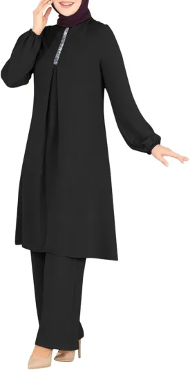 Aniywn Muslim Casual 2 Piece Set for Women Long Sleeve Loose Top Wide Leg Pants Suit Plus Size Outfit Prayer Clothes No Hijab