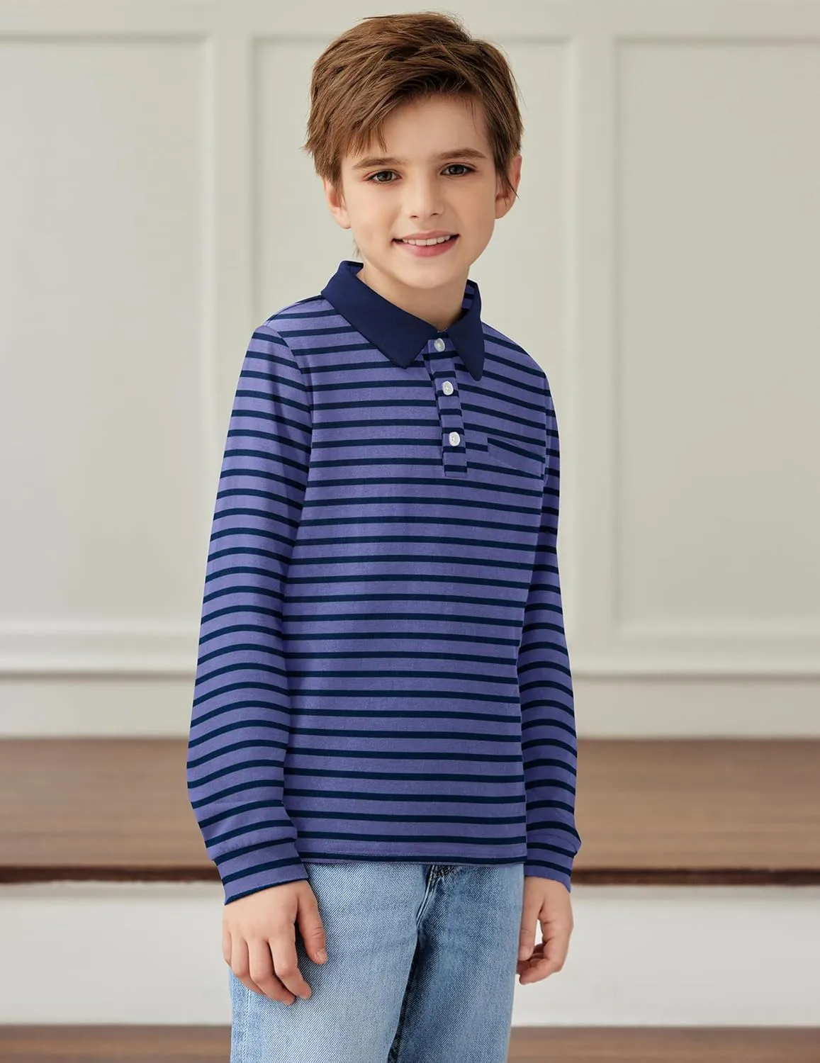 Arshiner Boy's Long Sleeve Plaid Trim Polo Shirt School Uniform Shirt with Pocket for 4-12 Years