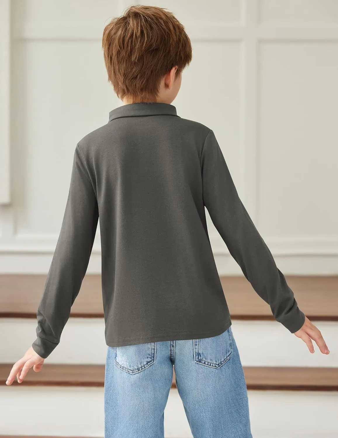 Arshiner Boy's Long Sleeve Plaid Trim Polo Shirt School Uniform Shirt with Pocket for 4-12 Years