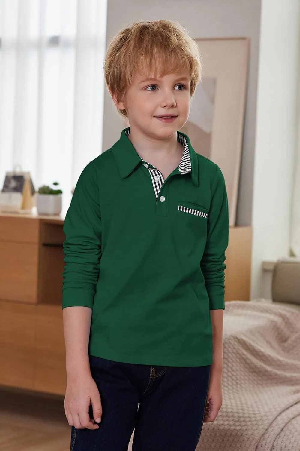 Arshiner Boy's Long Sleeve Plaid Trim Polo Shirt School Uniform Shirt with Pocket for 4-12 Years