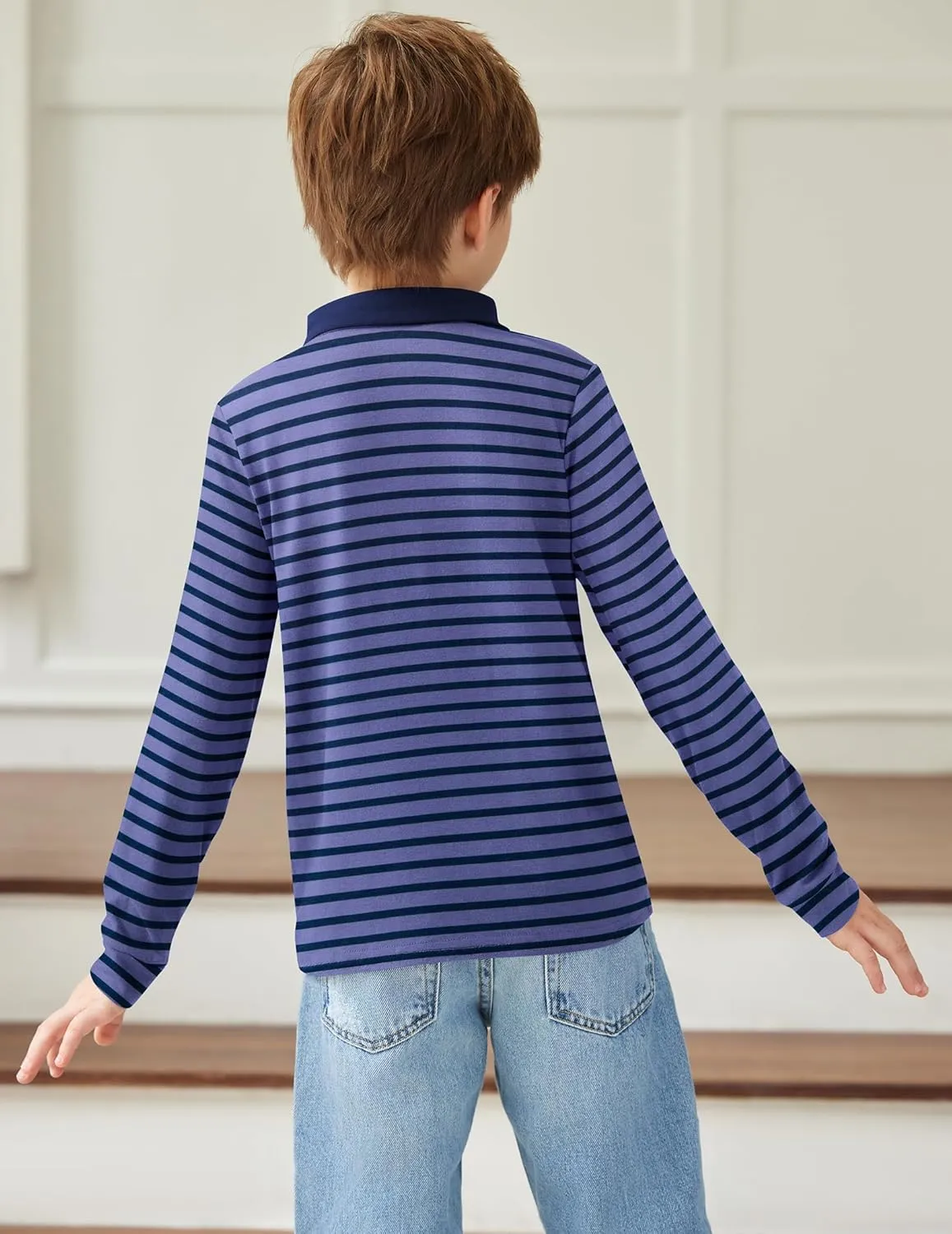 Arshiner Boy's Long Sleeve Plaid Trim Polo Shirt School Uniform Shirt with Pocket for 4-12 Years