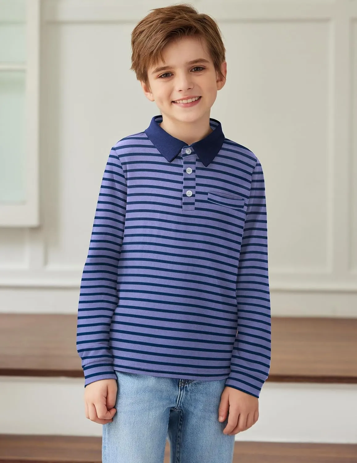Arshiner Boy's Long Sleeve Plaid Trim Polo Shirt School Uniform Shirt with Pocket for 4-12 Years