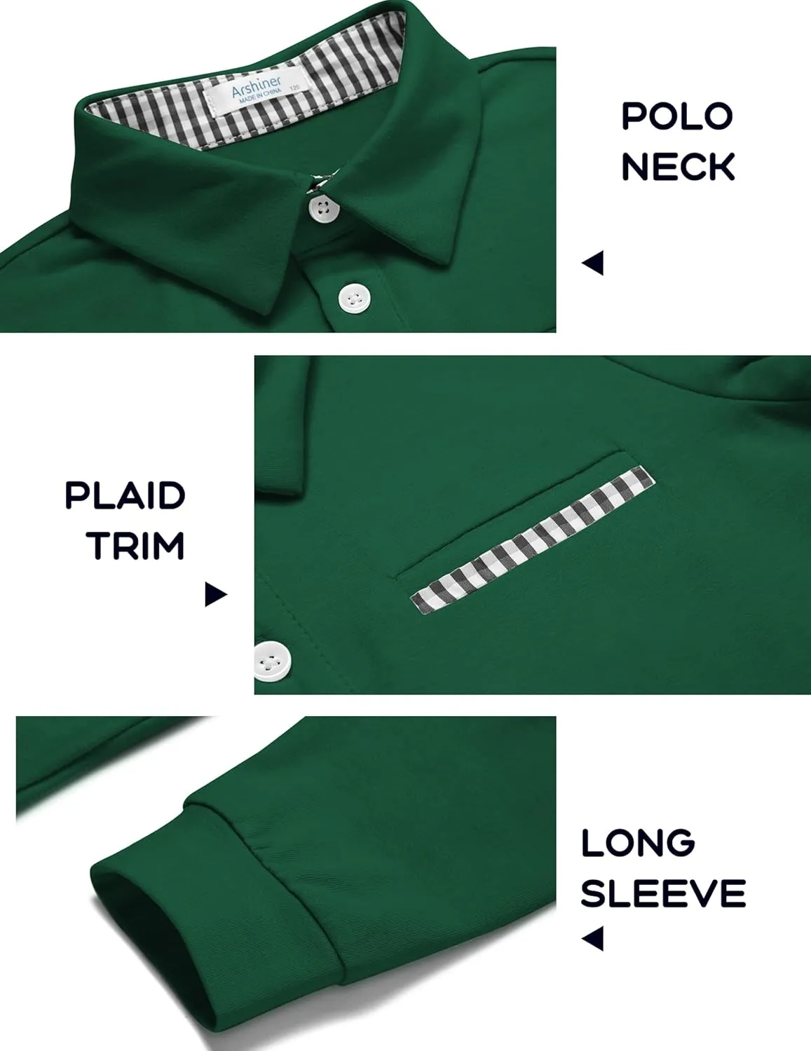 Arshiner Boy's Long Sleeve Plaid Trim Polo Shirt School Uniform Shirt with Pocket for 4-12 Years