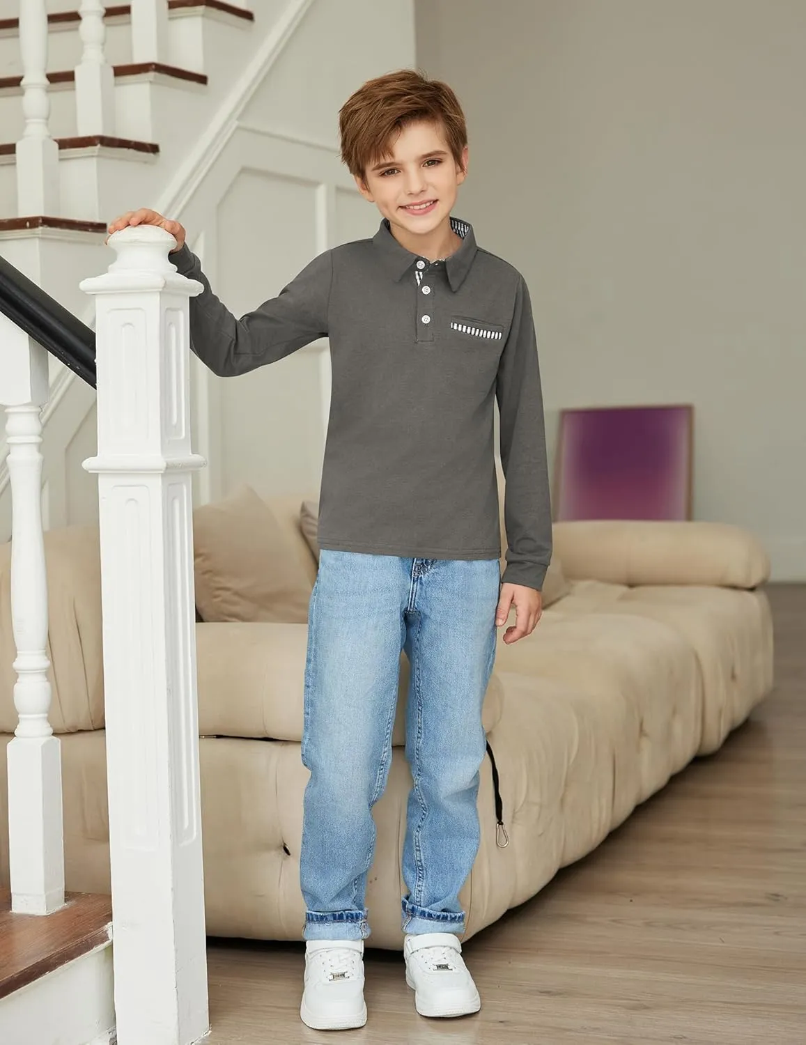Arshiner Boy's Long Sleeve Plaid Trim Polo Shirt School Uniform Shirt with Pocket for 4-12 Years