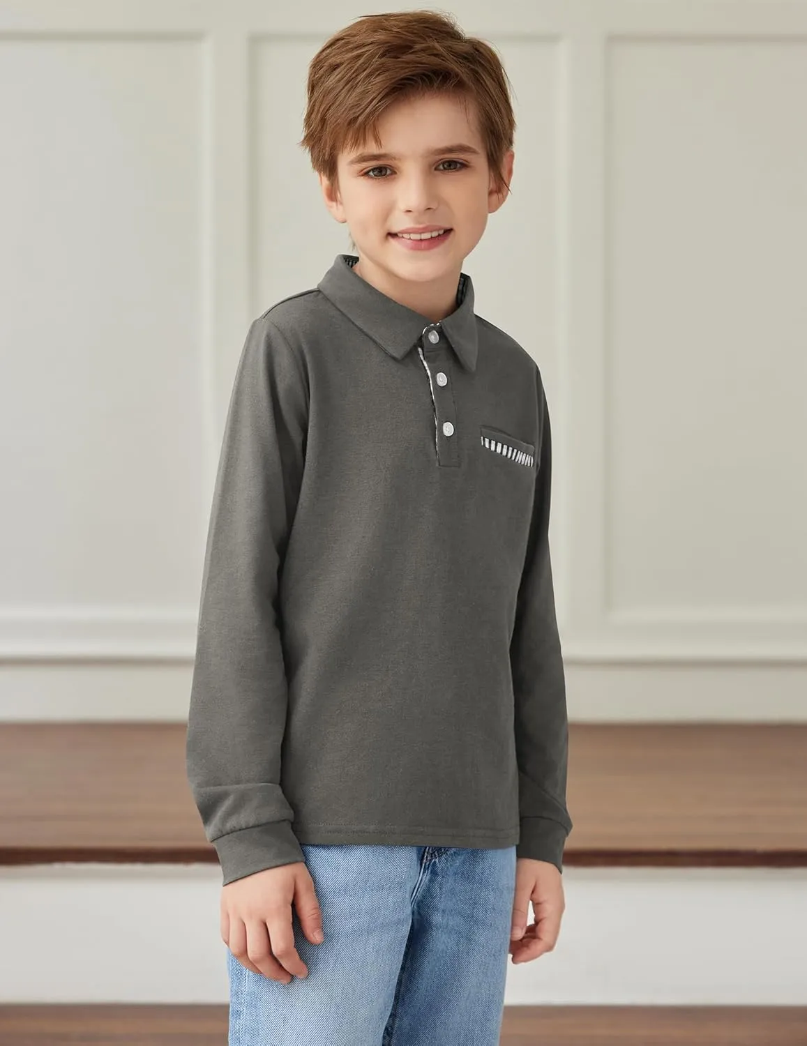 Arshiner Boy's Long Sleeve Plaid Trim Polo Shirt School Uniform Shirt with Pocket for 4-12 Years