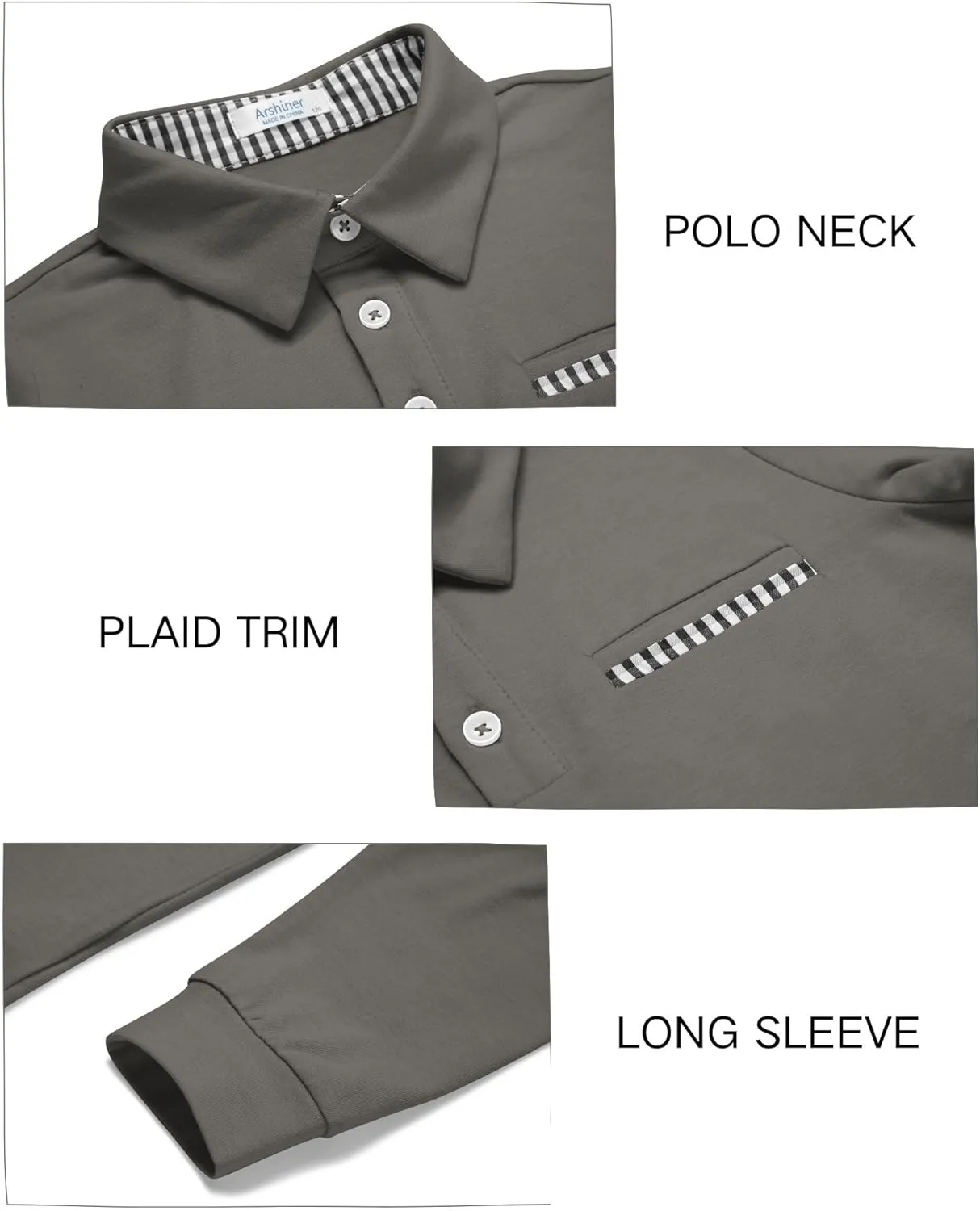 Arshiner Boy's Long Sleeve Plaid Trim Polo Shirt School Uniform Shirt with Pocket for 4-12 Years
