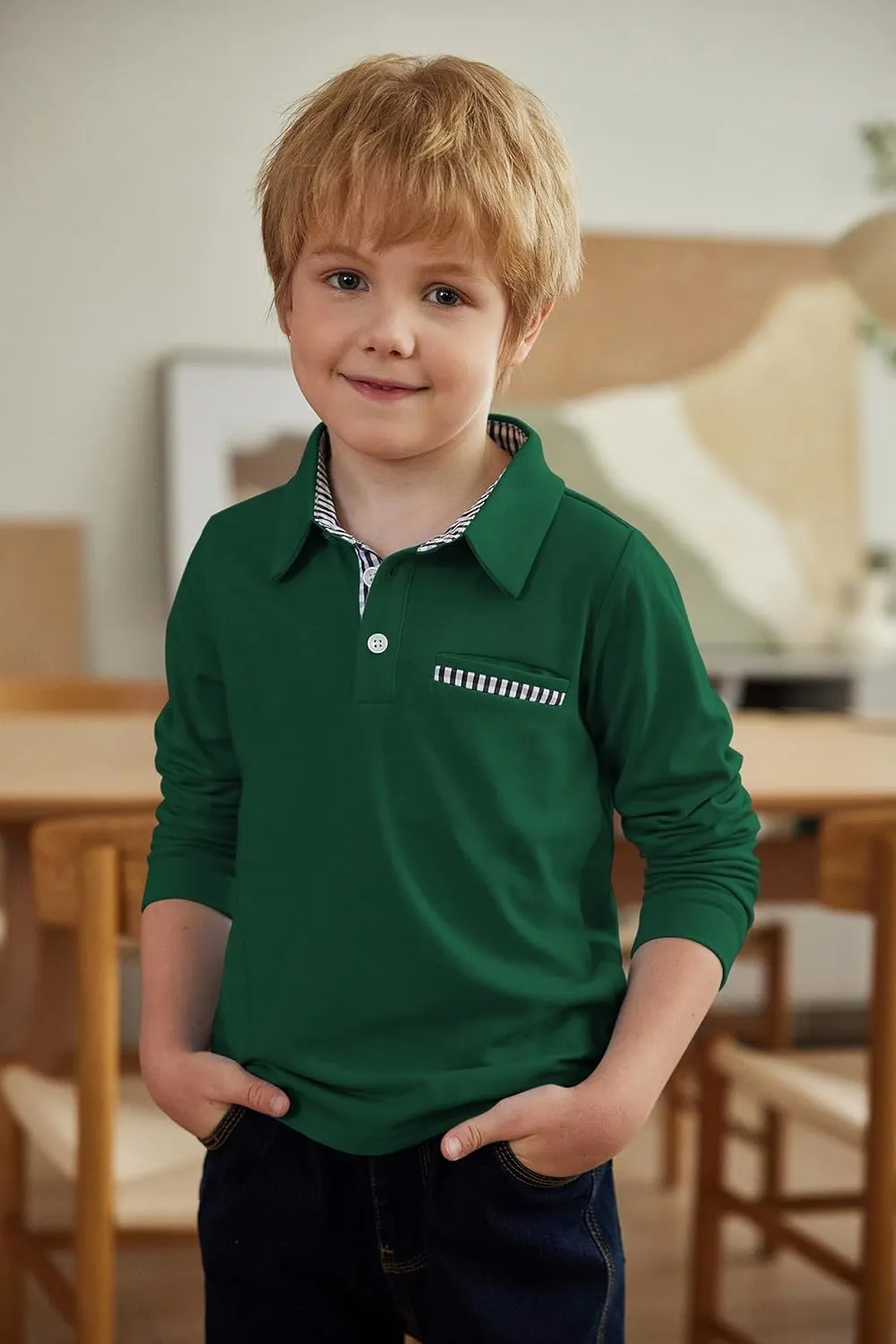 Arshiner Boy's Long Sleeve Plaid Trim Polo Shirt School Uniform Shirt with Pocket for 4-12 Years