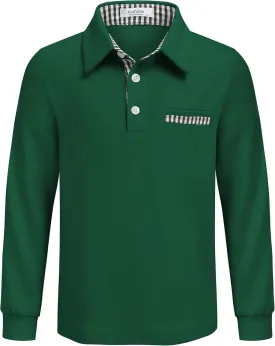 Arshiner Boy's Long Sleeve Plaid Trim Polo Shirt School Uniform Shirt with Pocket for 4-12 Years