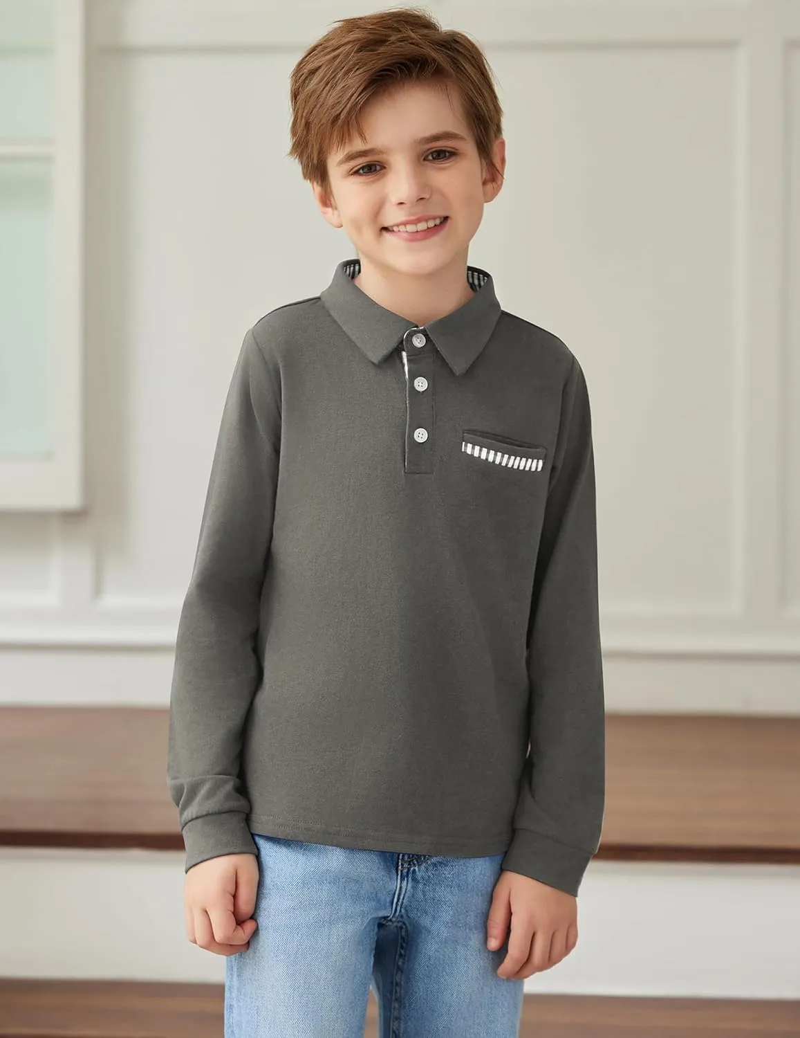 Arshiner Boy's Long Sleeve Plaid Trim Polo Shirt School Uniform Shirt with Pocket for 4-12 Years