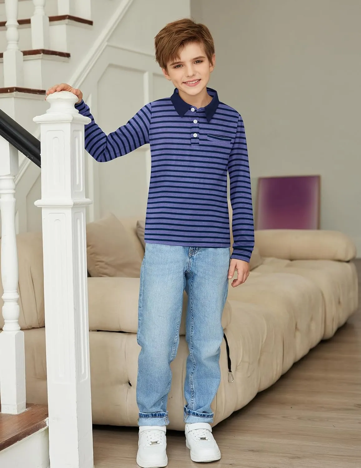 Arshiner Boy's Long Sleeve Plaid Trim Polo Shirt School Uniform Shirt with Pocket for 4-12 Years