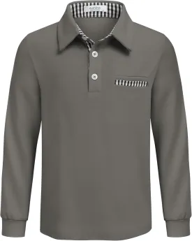 Arshiner Boy's Long Sleeve Plaid Trim Polo Shirt School Uniform Shirt with Pocket for 4-12 Years