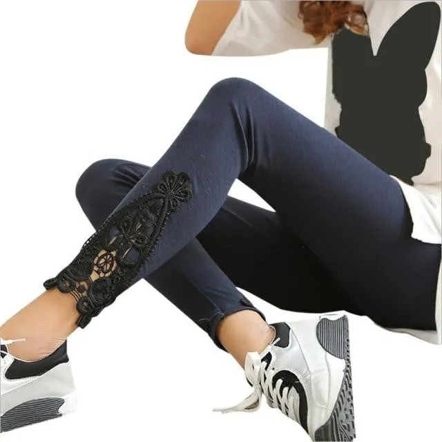 Autumn Cotton Leggings with Side Leg Triangle Lace
