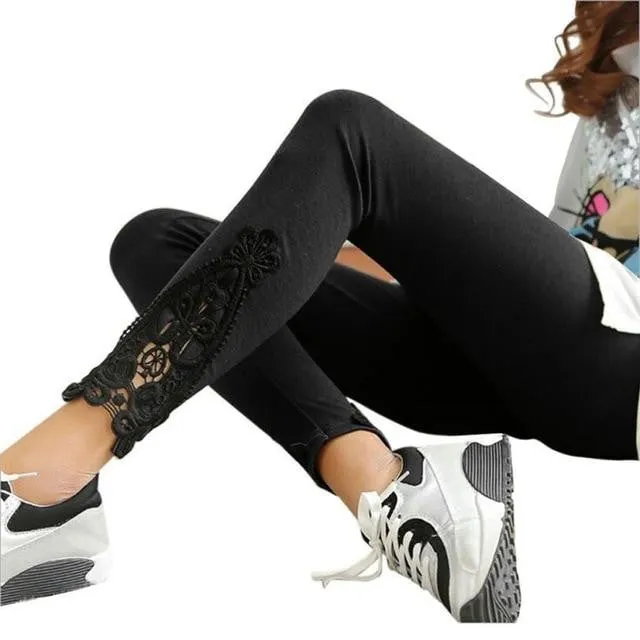 Autumn Cotton Leggings with Side Leg Triangle Lace