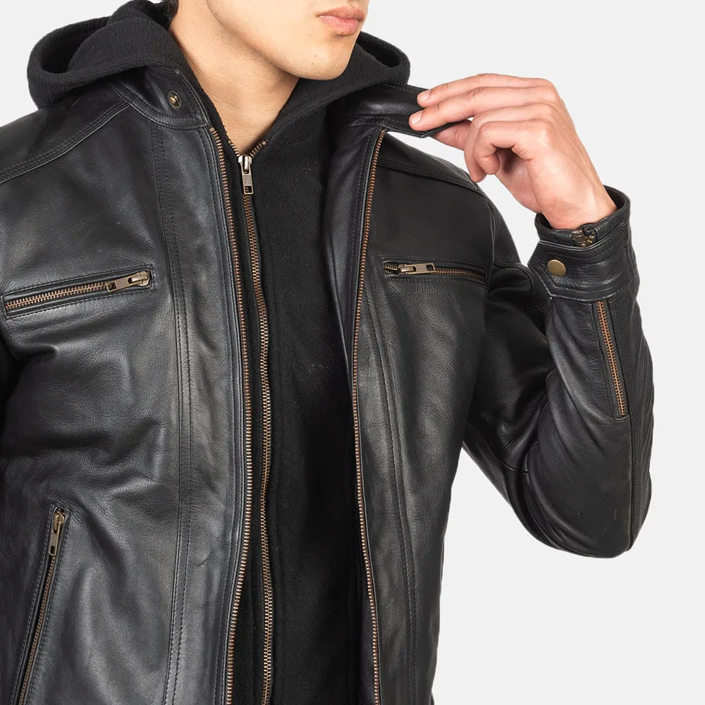 BIKER-1434 MUSH Black Hooded Leather Biker Jacket