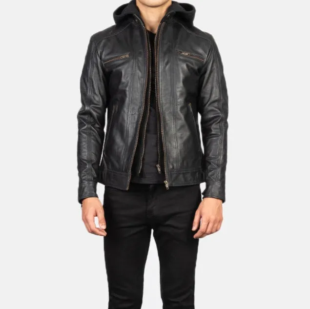BIKER-1434 MUSH Black Hooded Leather Biker Jacket