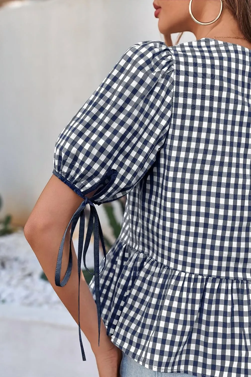 Cicy Bell Womens Puff Sleeve Gingham Blouse Summer Ruffle Peplum Babydoll Tops Cute Plaid Cotton Shirts