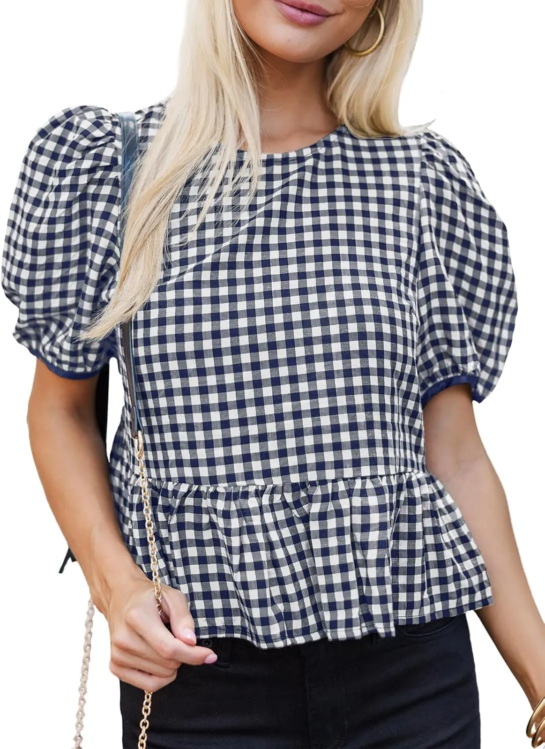 Cicy Bell Womens Puff Sleeve Gingham Blouse Summer Ruffle Peplum Babydoll Tops Cute Plaid Cotton Shirts