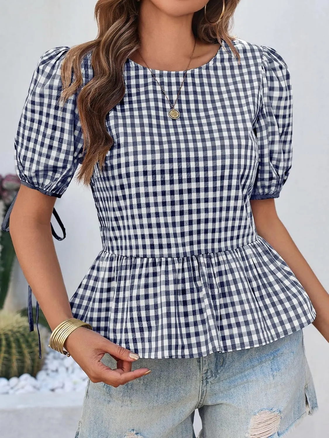 Cicy Bell Womens Puff Sleeve Gingham Blouse Summer Ruffle Peplum Babydoll Tops Cute Plaid Cotton Shirts