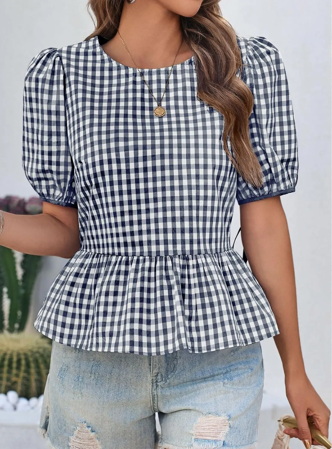 Cicy Bell Womens Puff Sleeve Gingham Blouse Summer Ruffle Peplum Babydoll Tops Cute Plaid Cotton Shirts