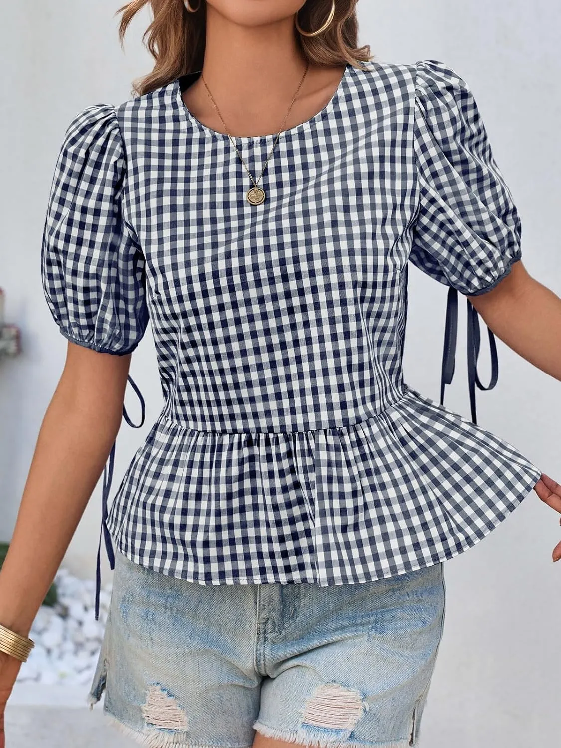 Cicy Bell Womens Puff Sleeve Gingham Blouse Summer Ruffle Peplum Babydoll Tops Cute Plaid Cotton Shirts