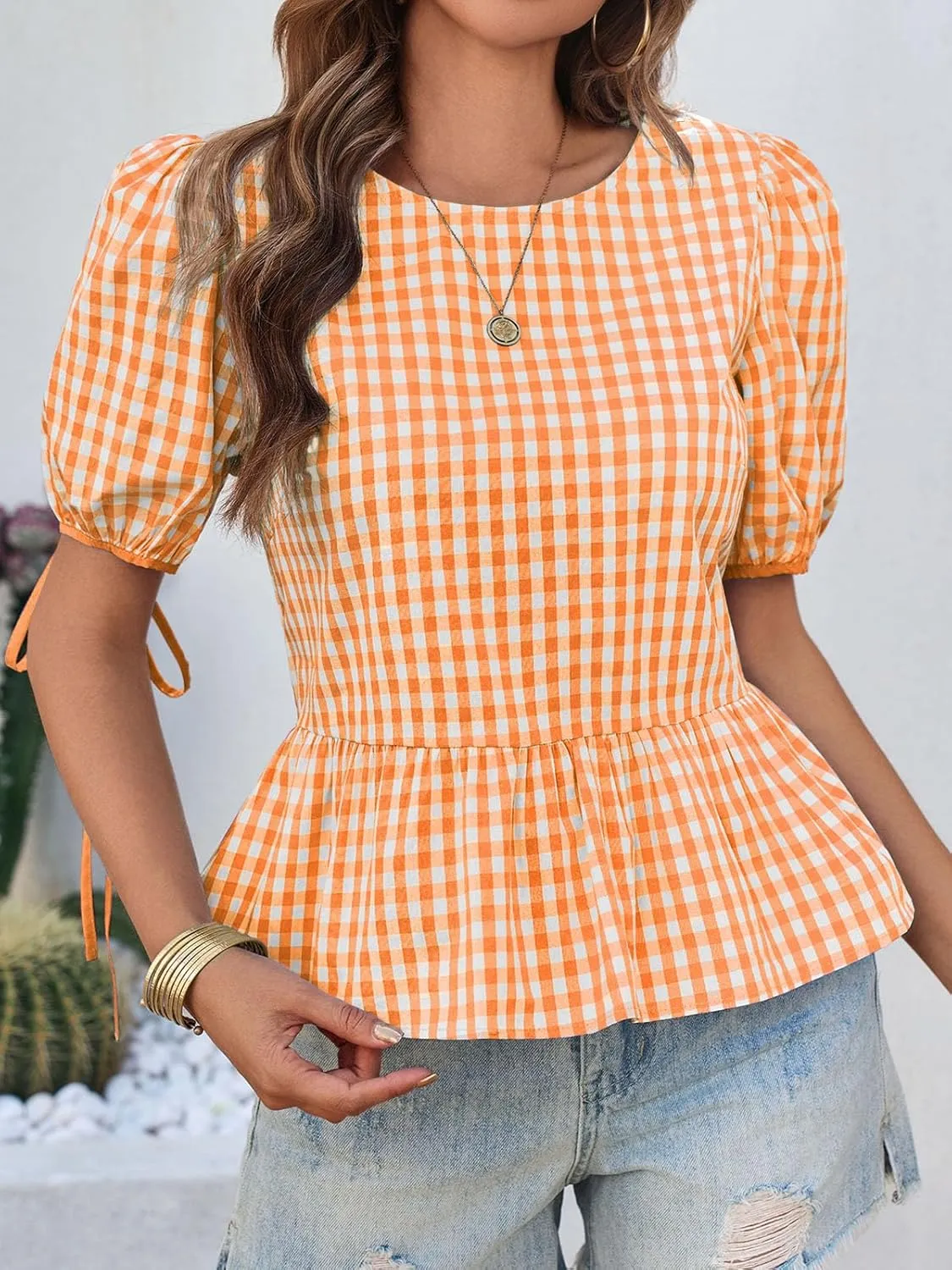 Cicy Bell Womens Puff Sleeve Gingham Blouse Summer Ruffle Peplum Babydoll Tops Cute Plaid Cotton Shirts