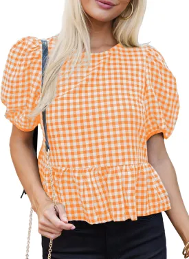 Cicy Bell Womens Puff Sleeve Gingham Blouse Summer Ruffle Peplum Babydoll Tops Cute Plaid Cotton Shirts