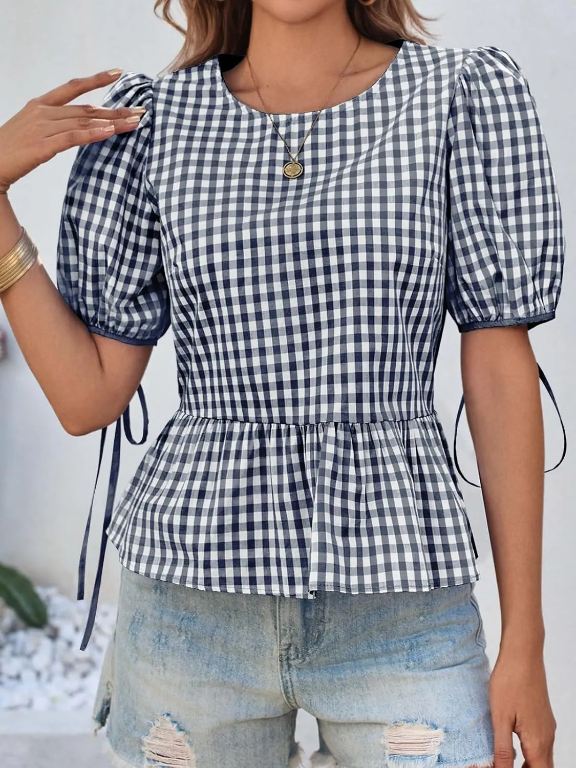 Cicy Bell Womens Puff Sleeve Gingham Blouse Summer Ruffle Peplum Babydoll Tops Cute Plaid Cotton Shirts