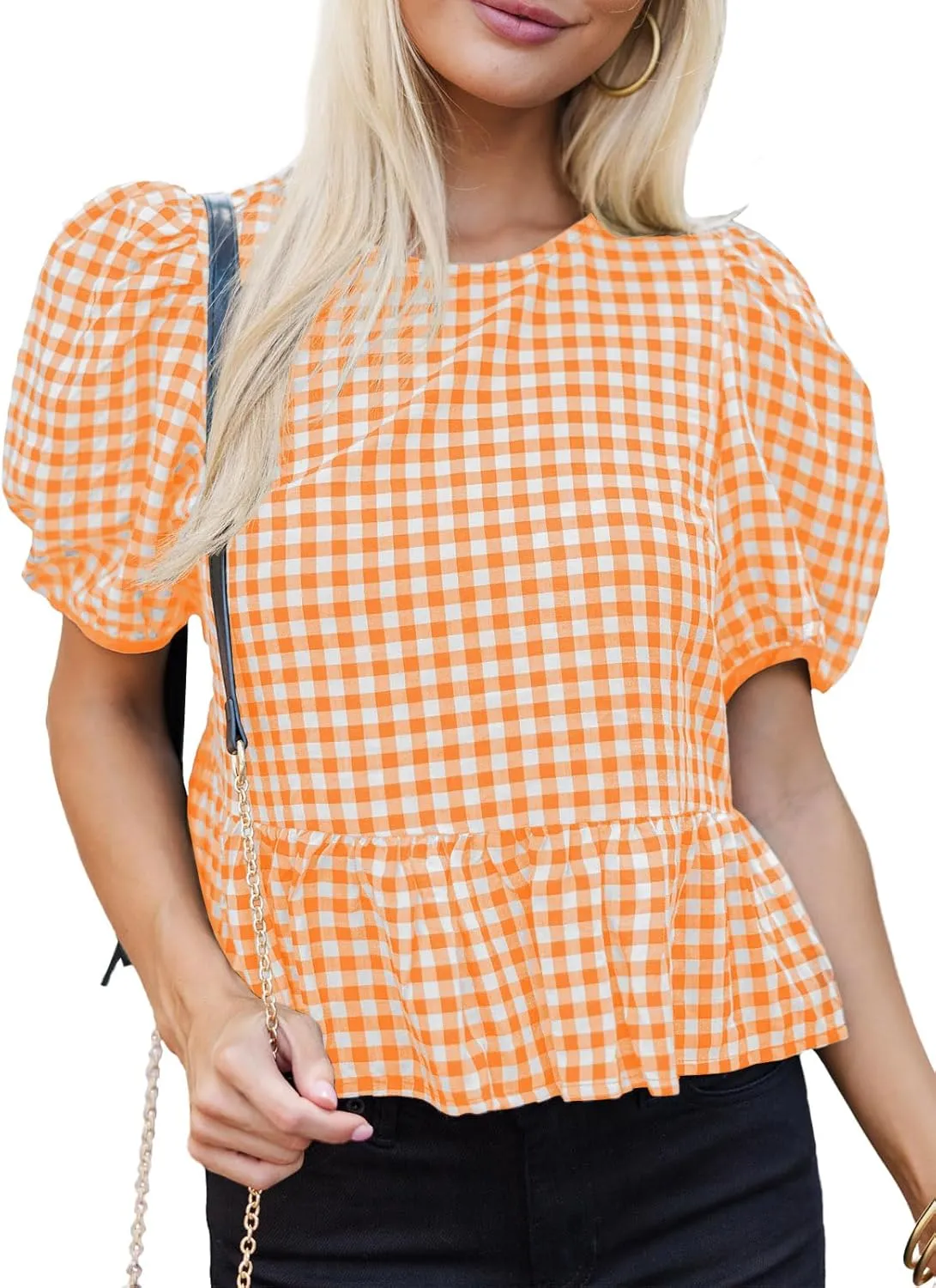 Cicy Bell Womens Puff Sleeve Gingham Blouse Summer Ruffle Peplum Babydoll Tops Cute Plaid Cotton Shirts