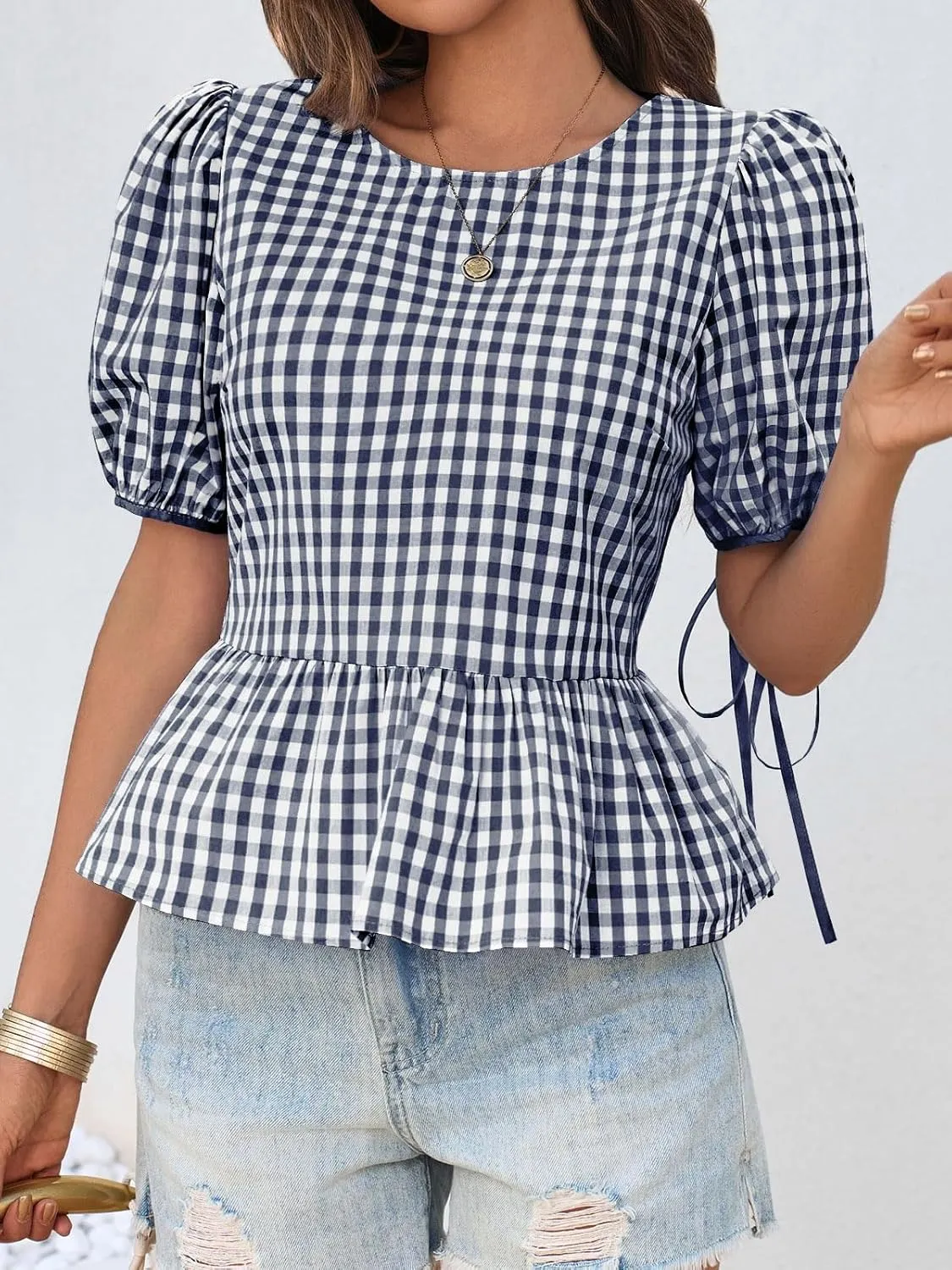 Cicy Bell Womens Puff Sleeve Gingham Blouse Summer Ruffle Peplum Babydoll Tops Cute Plaid Cotton Shirts