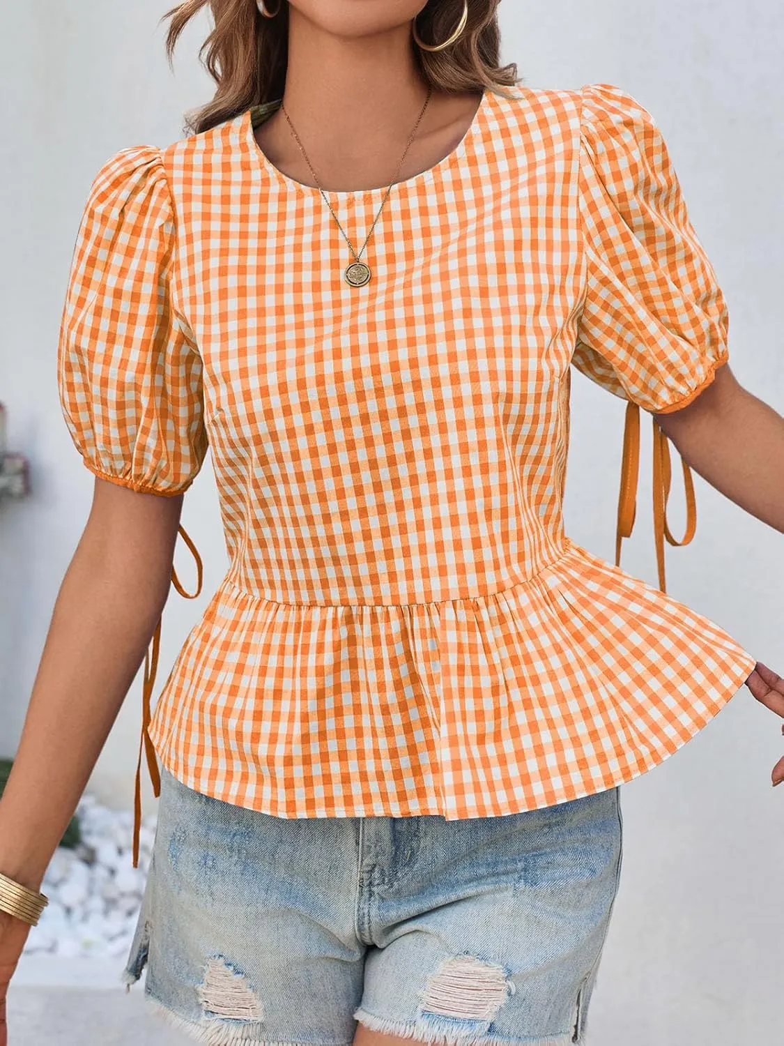 Cicy Bell Womens Puff Sleeve Gingham Blouse Summer Ruffle Peplum Babydoll Tops Cute Plaid Cotton Shirts