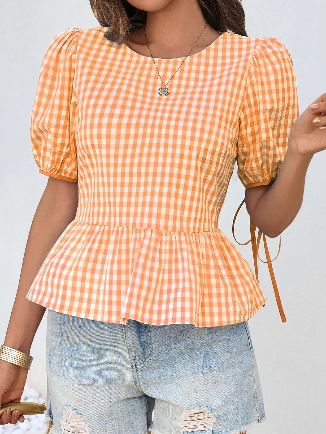 Cicy Bell Womens Puff Sleeve Gingham Blouse Summer Ruffle Peplum Babydoll Tops Cute Plaid Cotton Shirts