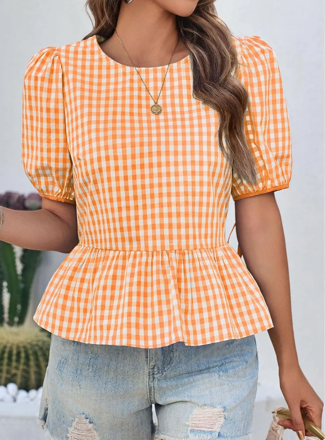 Cicy Bell Womens Puff Sleeve Gingham Blouse Summer Ruffle Peplum Babydoll Tops Cute Plaid Cotton Shirts