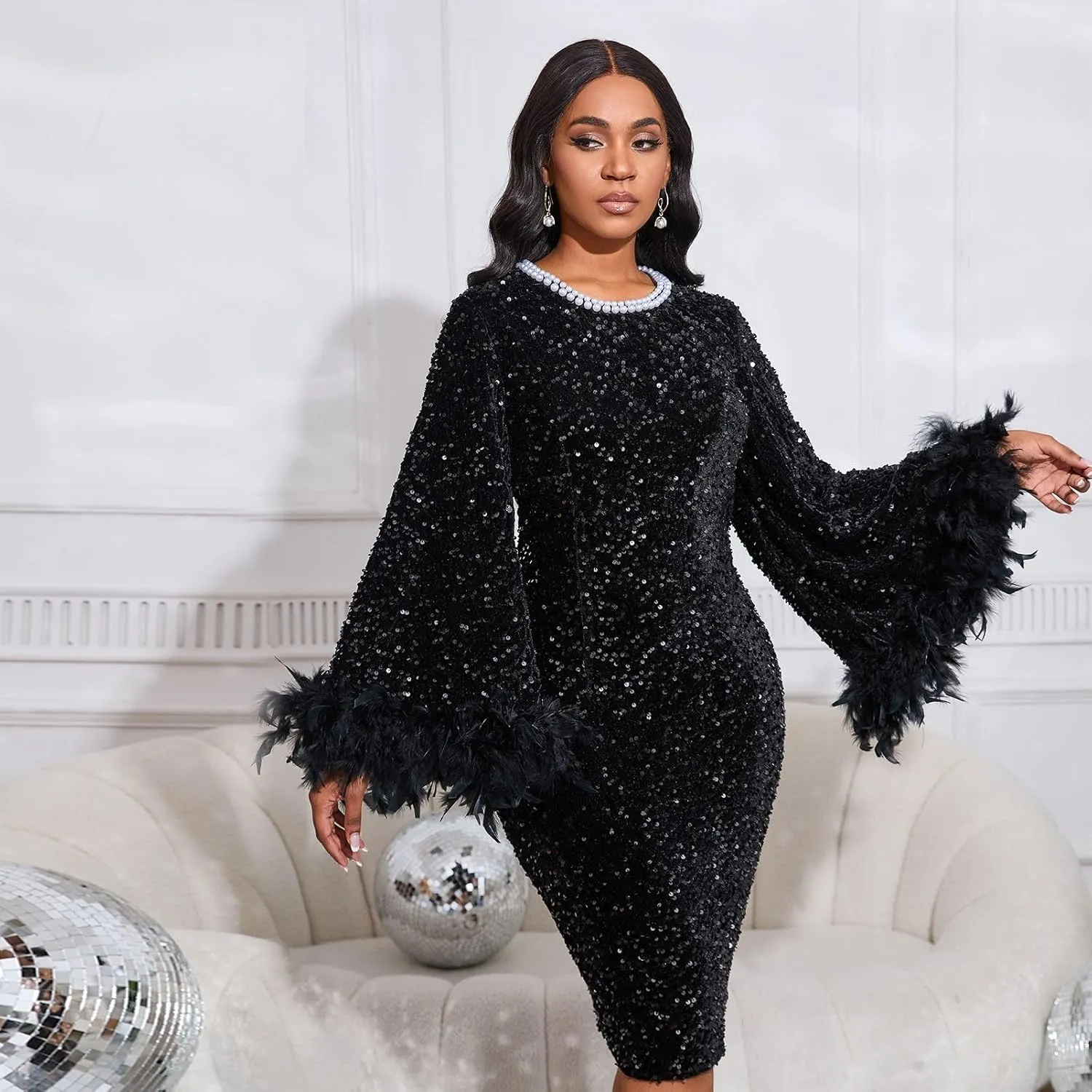 Cololura Sexy Elegant Sequin Long Flared Sleeve Feather Pearls Embellished Bodycon Midi Dress Formal Party Evening Gown