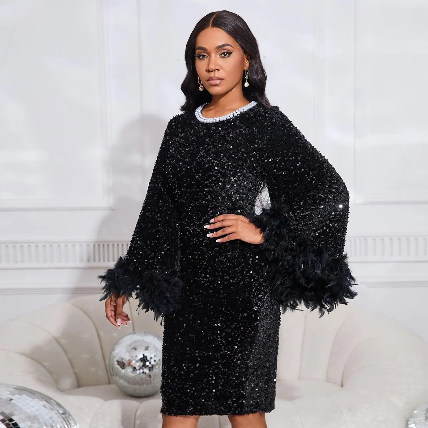 Cololura Sexy Elegant Sequin Long Flared Sleeve Feather Pearls Embellished Bodycon Midi Dress Formal Party Evening Gown