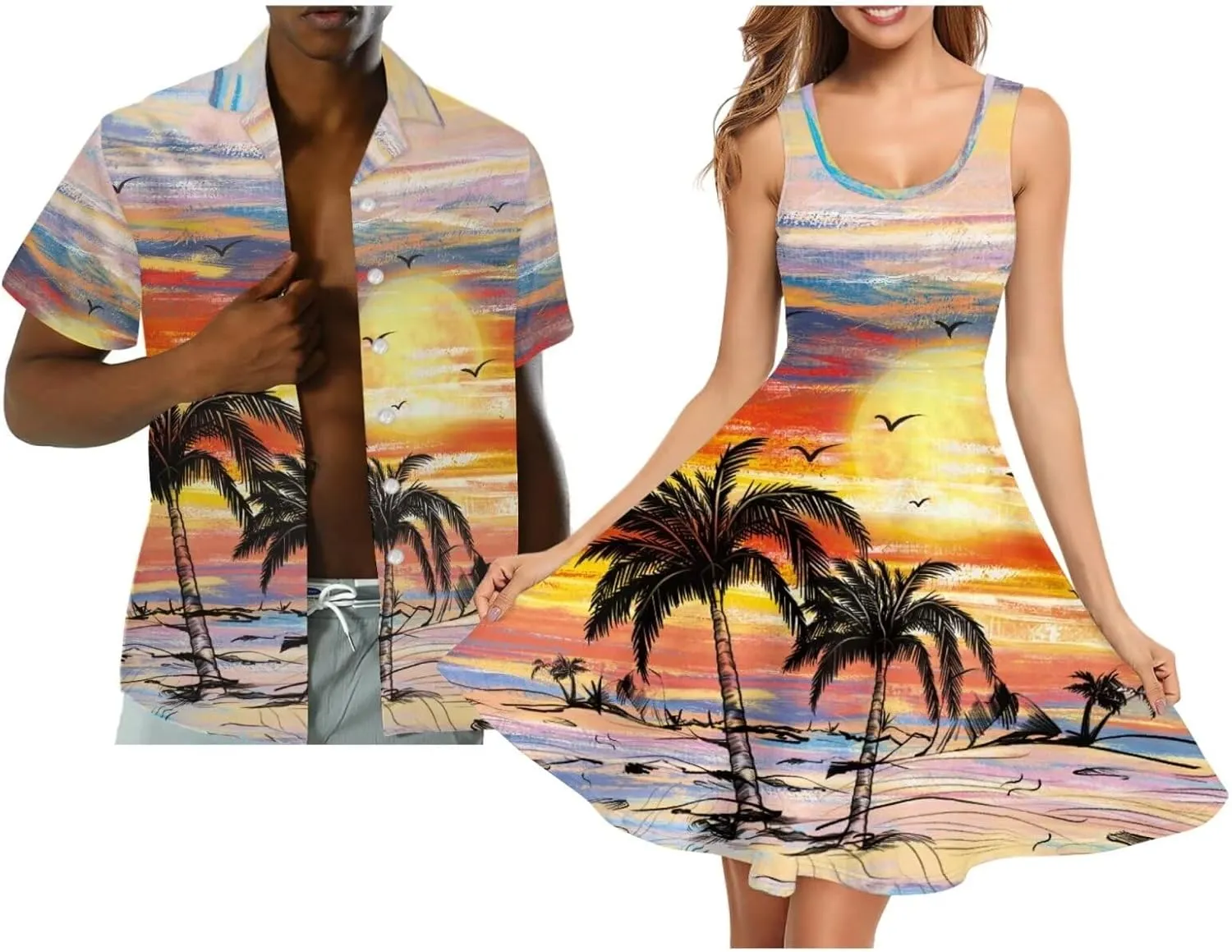 Dreaweet Summer Dresses for Women A-Line Sleeveless Flowy Sun Dresses,Men's Casual Button-Down Shirts,Couple Matching Outfits