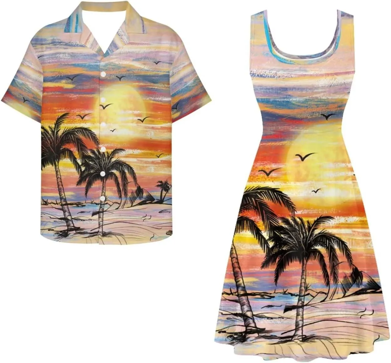 Dreaweet Summer Dresses for Women A-Line Sleeveless Flowy Sun Dresses,Men's Casual Button-Down Shirts,Couple Matching Outfits