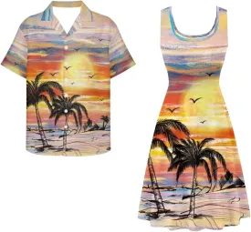 Dreaweet Summer Dresses for Women A-Line Sleeveless Flowy Sun Dresses,Men's Casual Button-Down Shirts,Couple Matching Outfits