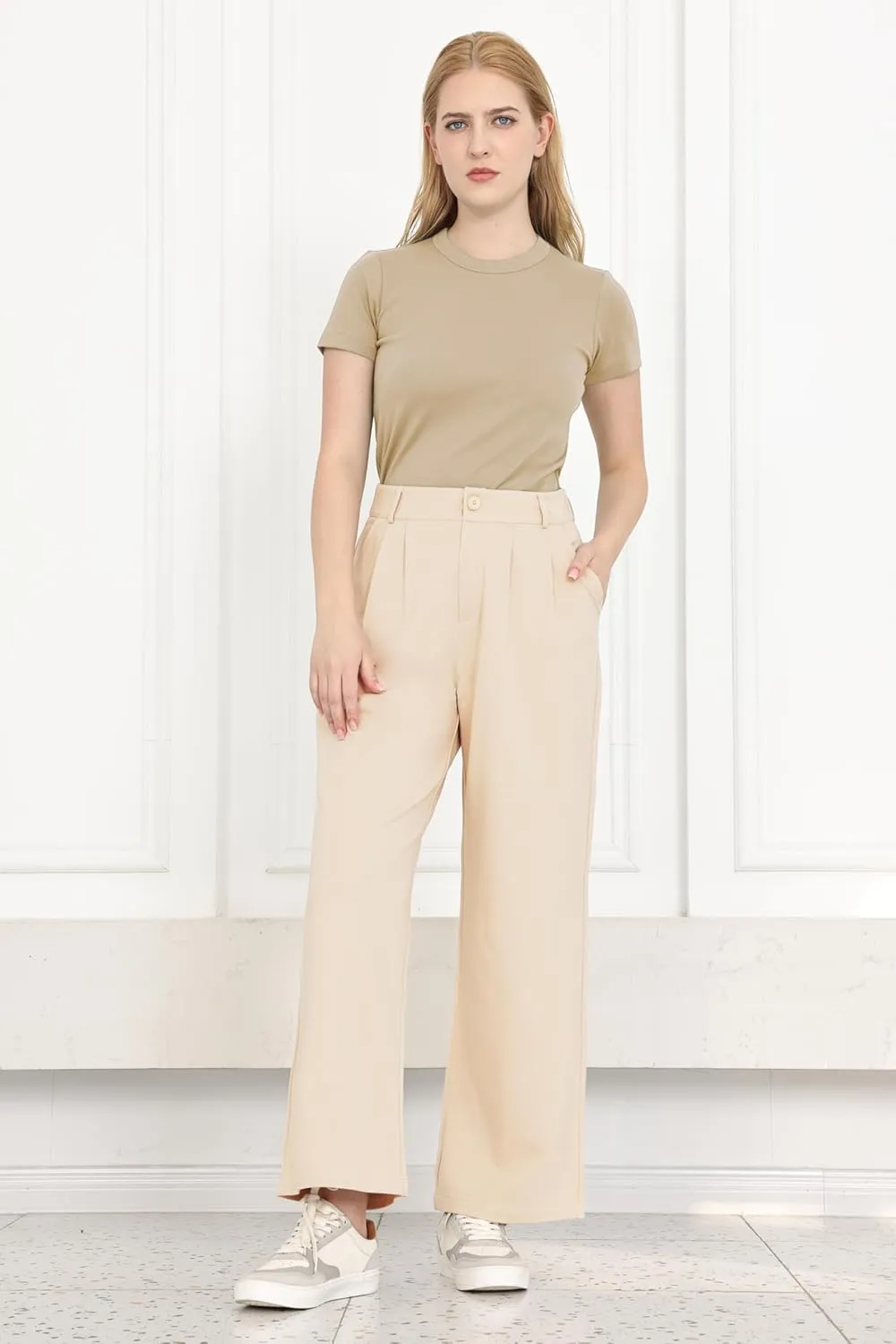 Dress Pants Women Wide Leg Work Business Office High Waisted Zipper Casual Slacks Trousers with Pockets 29"