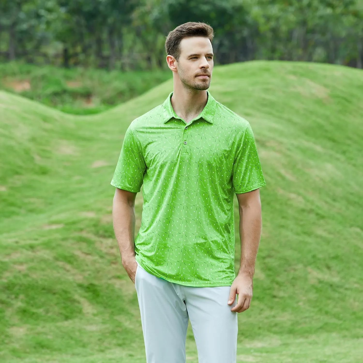 Esabel.C Golf Shirts for Men Dry Fit Performance Short Sleeve Print Moisture Wicking Collared Shirt