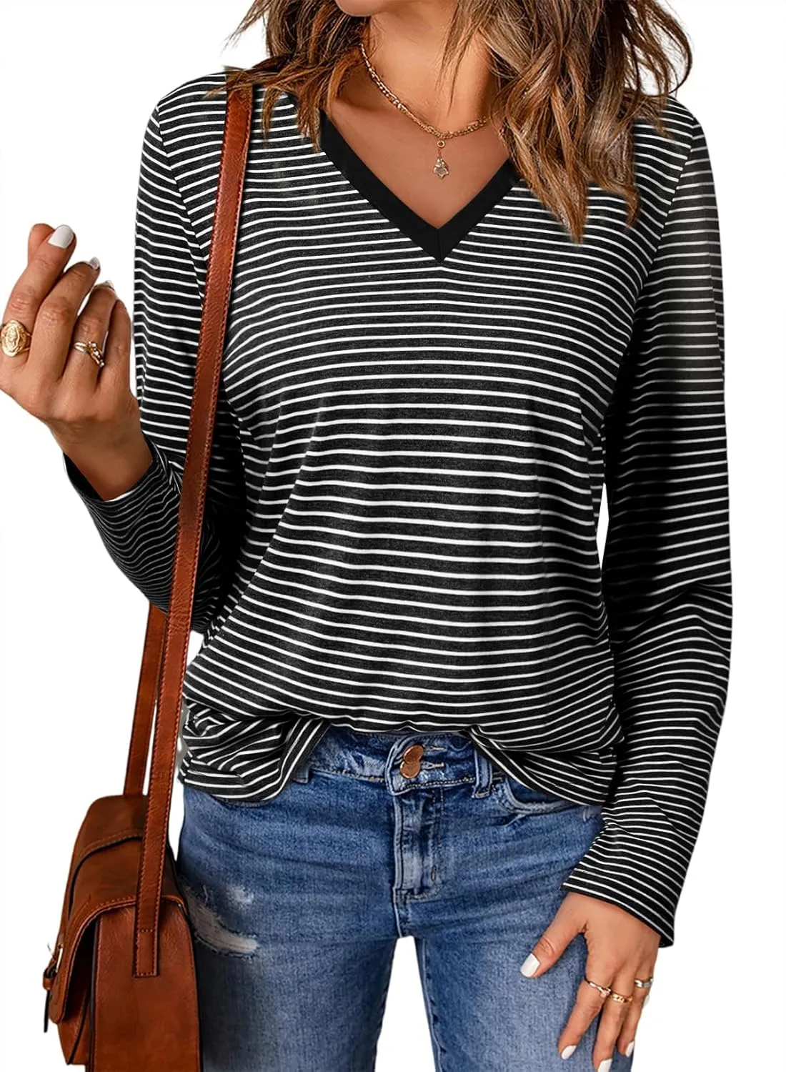 EVALESS Spring Summer Tops for Women Trendy V Neck Long Sleeve Shirts 2025 Basic T Shirts Loose Tee Clothes Casual Outfits