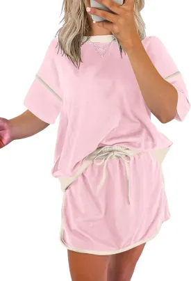 EVALESS Women's 2 Piece Sets Summer Casual Short Sleeve Tops Matching Drawstring Mini Skirt Going Out Lounge Outfits