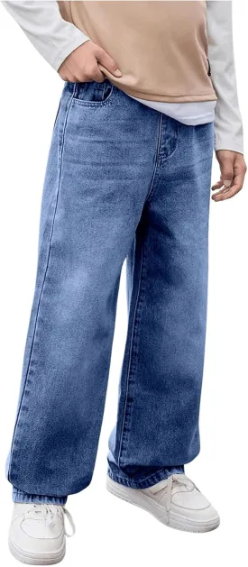 Floerns Boy's Casual Straight Leg Denim Pants Elastic Waist Jeans with Pockets