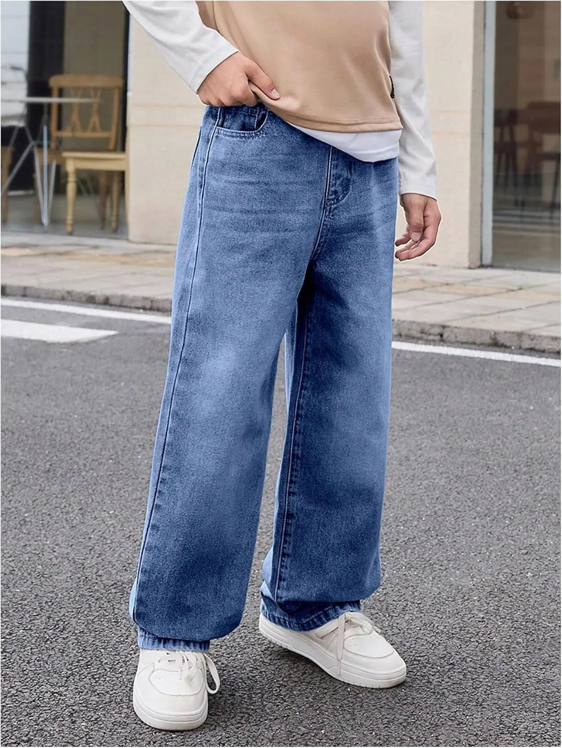 Floerns Boy's Casual Straight Leg Denim Pants Elastic Waist Jeans with Pockets