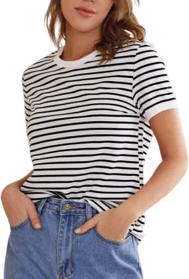 Floerns Women's Casual Striped Crew Neck Short Sleeve T Shirts Tee Tops