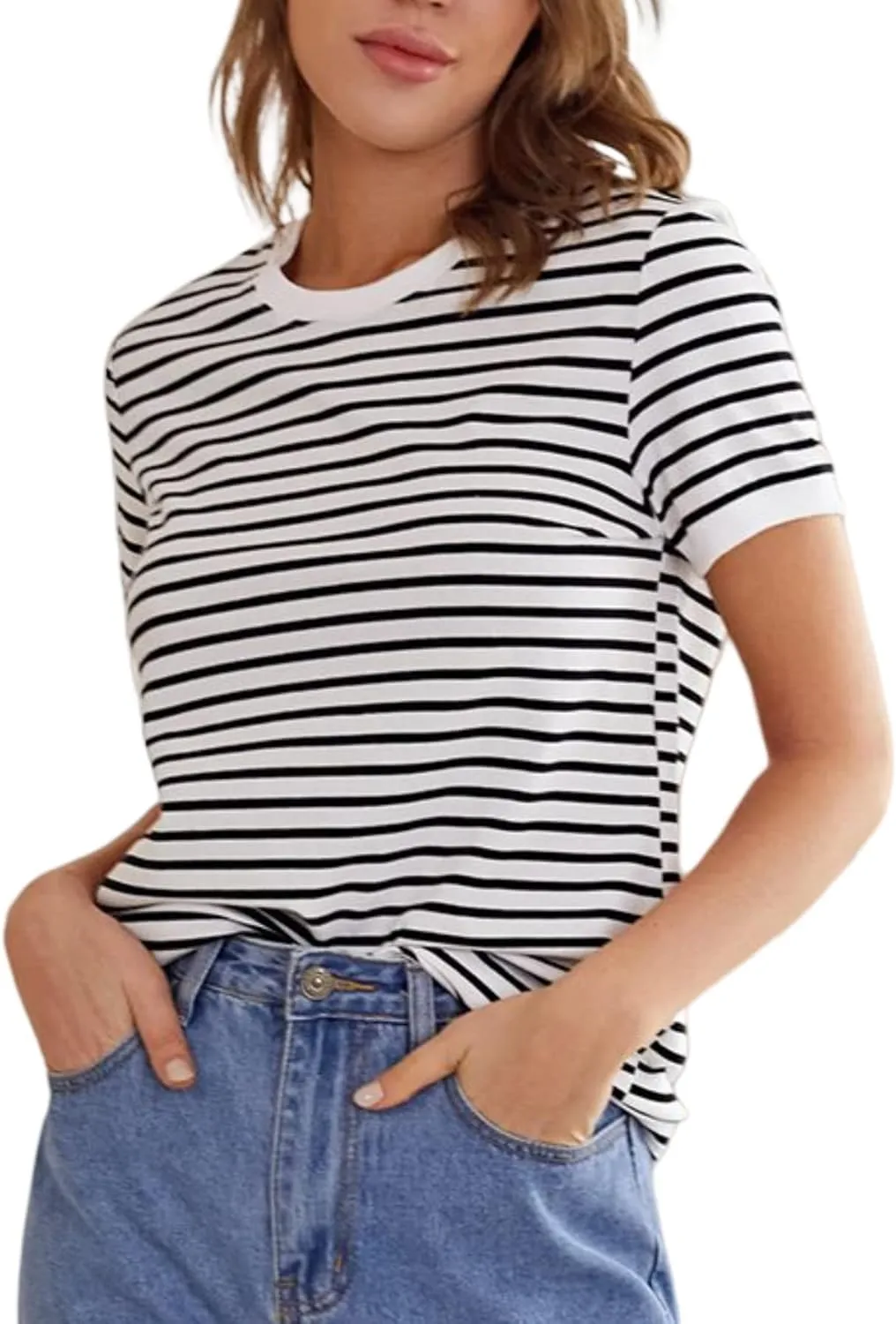 Floerns Women's Casual Striped Crew Neck Short Sleeve T Shirts Tee Tops