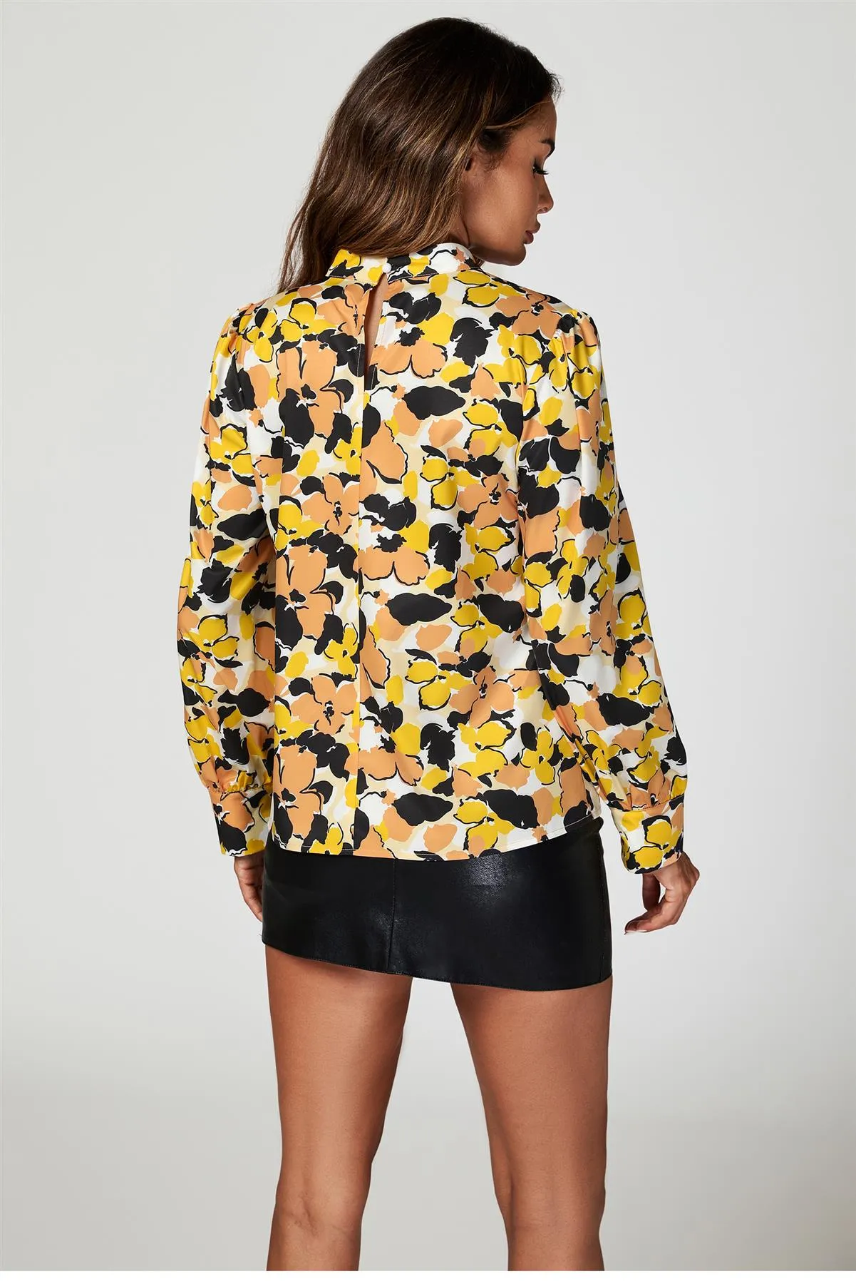 FS Collection Floral Print Long Sleeve High Neck Top In Yellow